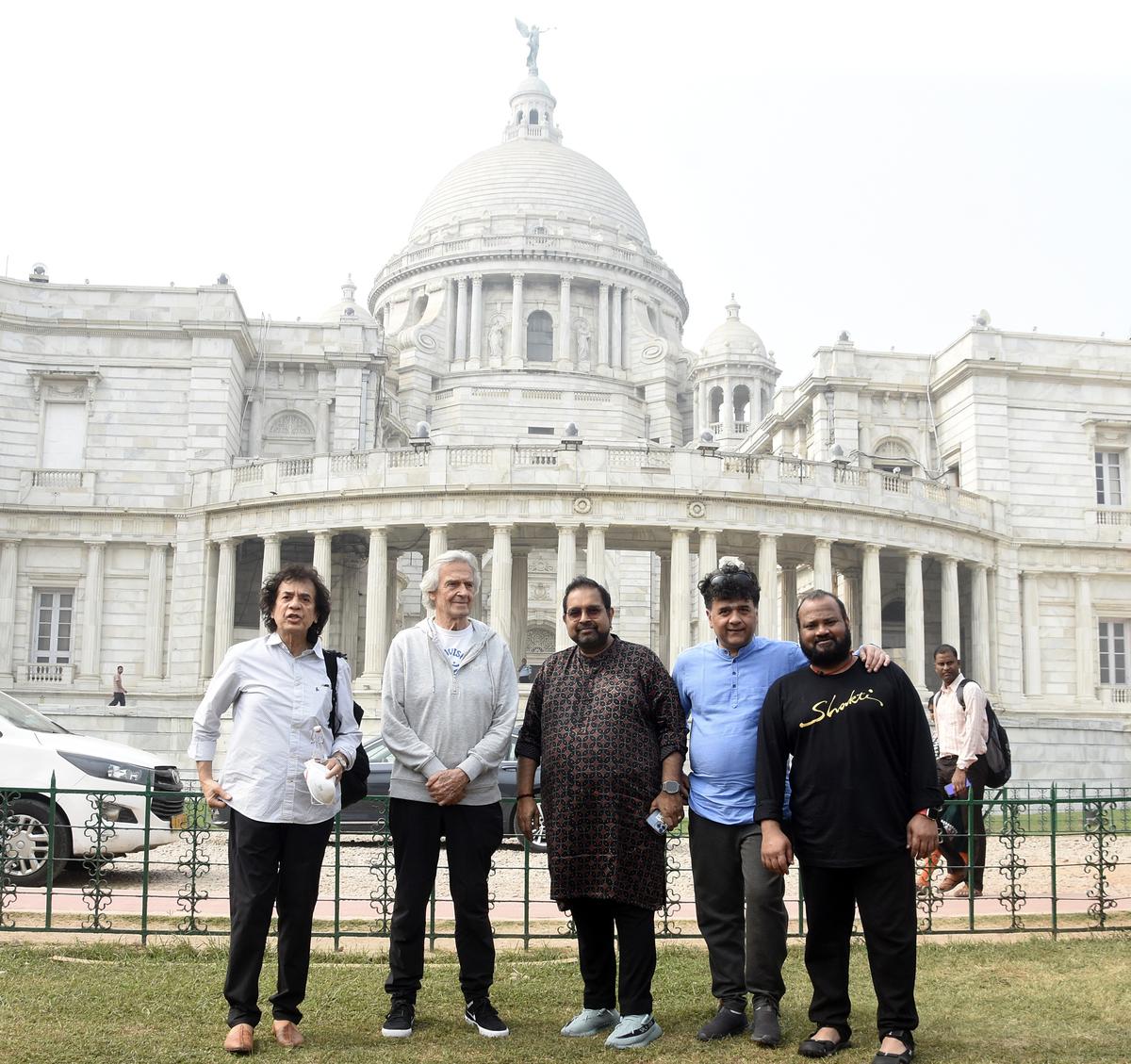 John McLaughlin, Zakir Hussain, Shankar Mahadevan, Ganesh Rajagopalan and V Selvaganesh during the Shakti 2023 India Tour at the Victoria Memorial Hall in Kolkata.