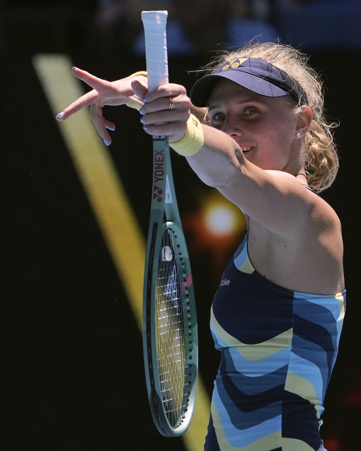 Dayana Yastremska celebrates after defeating Linda Noskova in their quarterfinal match.