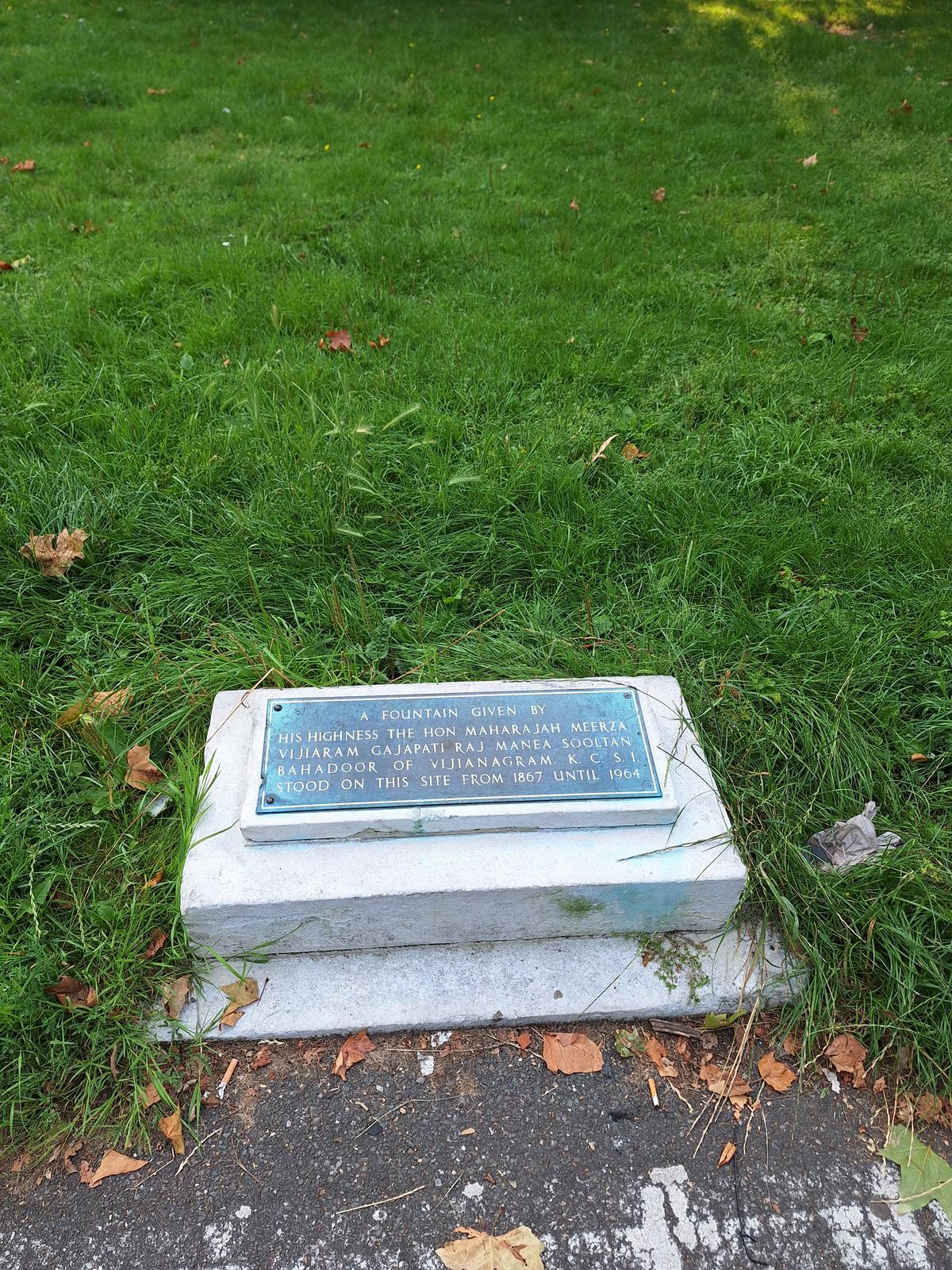 A plaque at the site of the fountain gifted by the Vizianagaram maharaja at Hyde Park, London