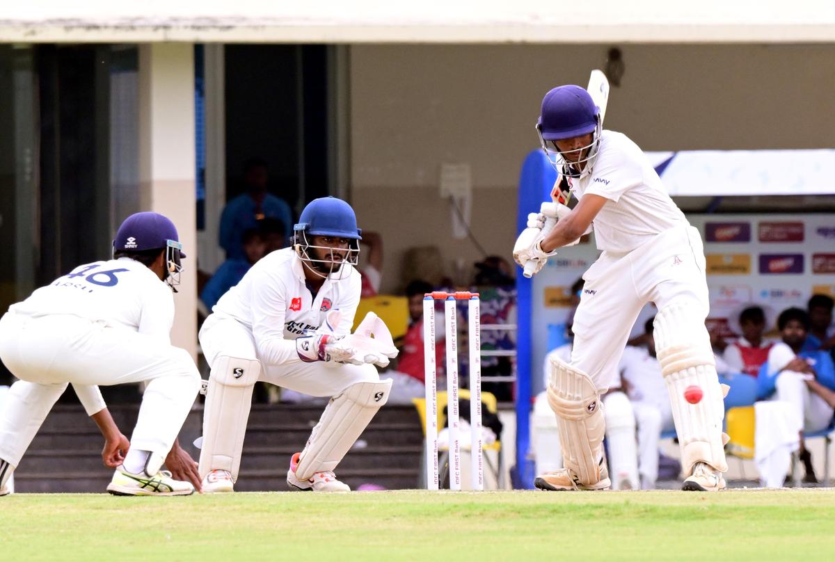 Kiran Karthikeyan bats for Tamil Nadu against Maharashtra in the CK Nayudu Trophy finals at Natham in Dindigul, Tamil Nadu, on Tuesday, 10 March 2026.