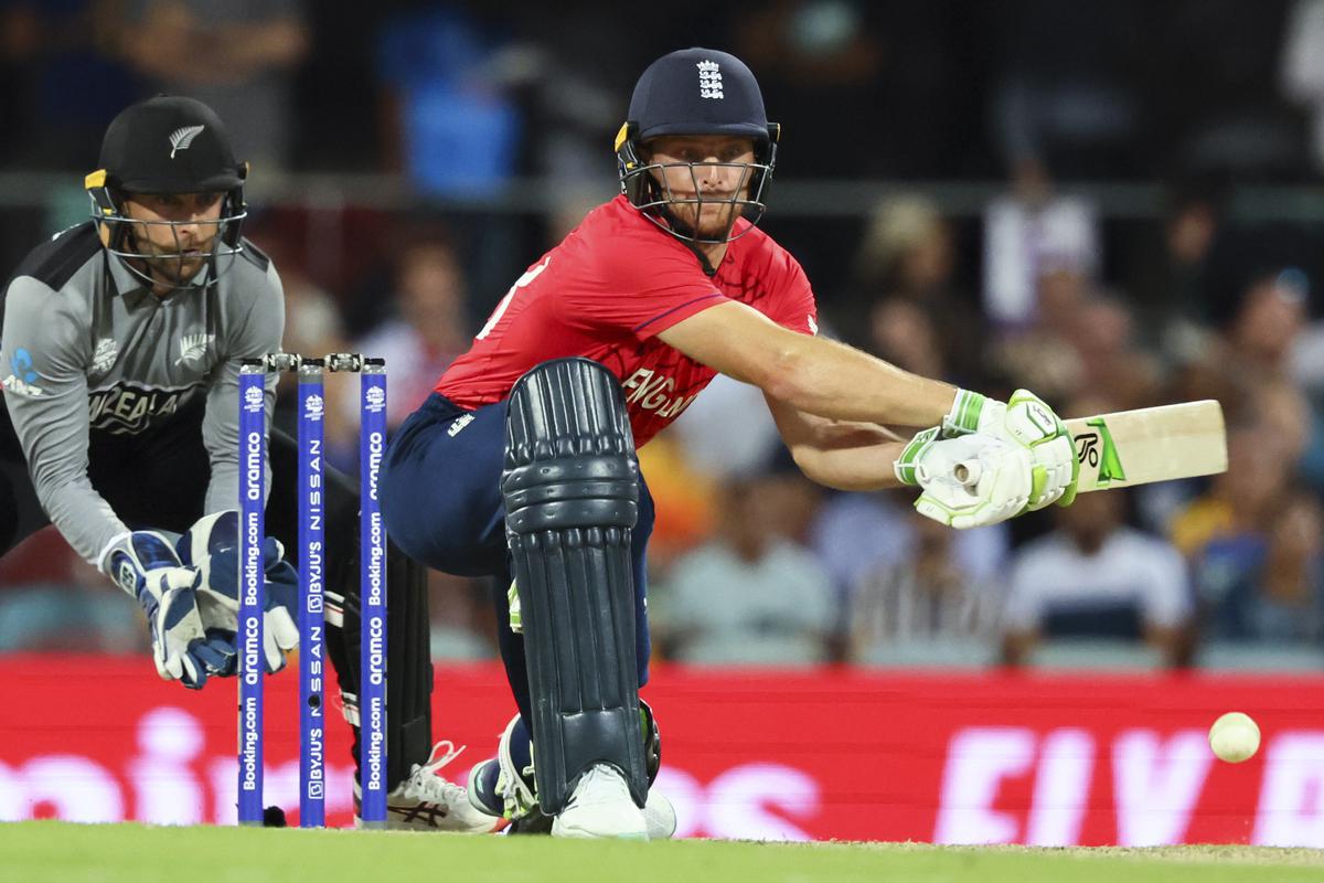 England’s Jos Buttler plays a reverse sweep shot during the T20 World Cup cricket match between England and New Zealand in Brisbane, Australia on November 1, 2022