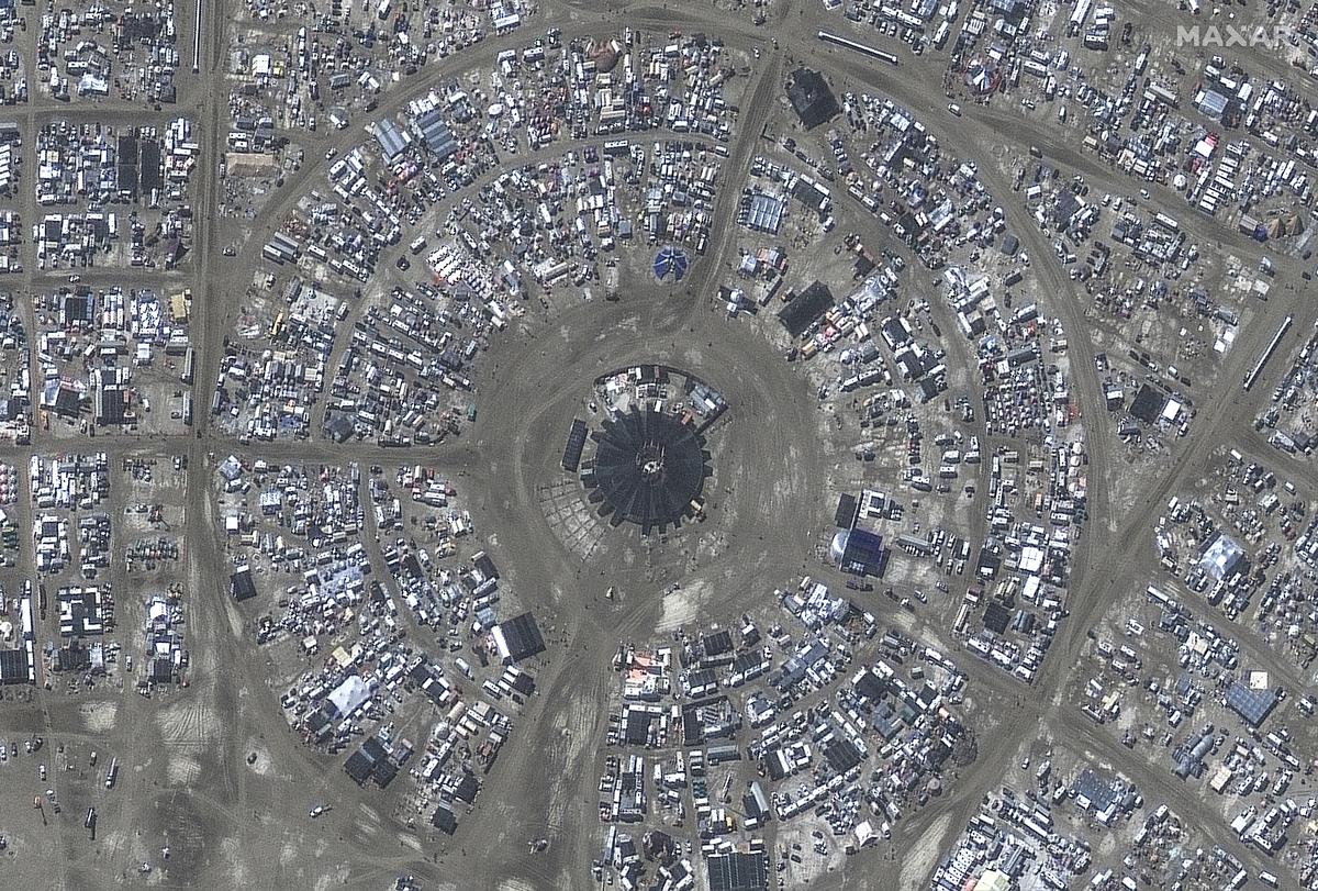 This photo, provided by Maxar Technologies, shows an overview of the center camp at the Burning Man festival on Monday, Sept. 4, 2023, in the Black Rock Desert north of Reno, Nevada. 