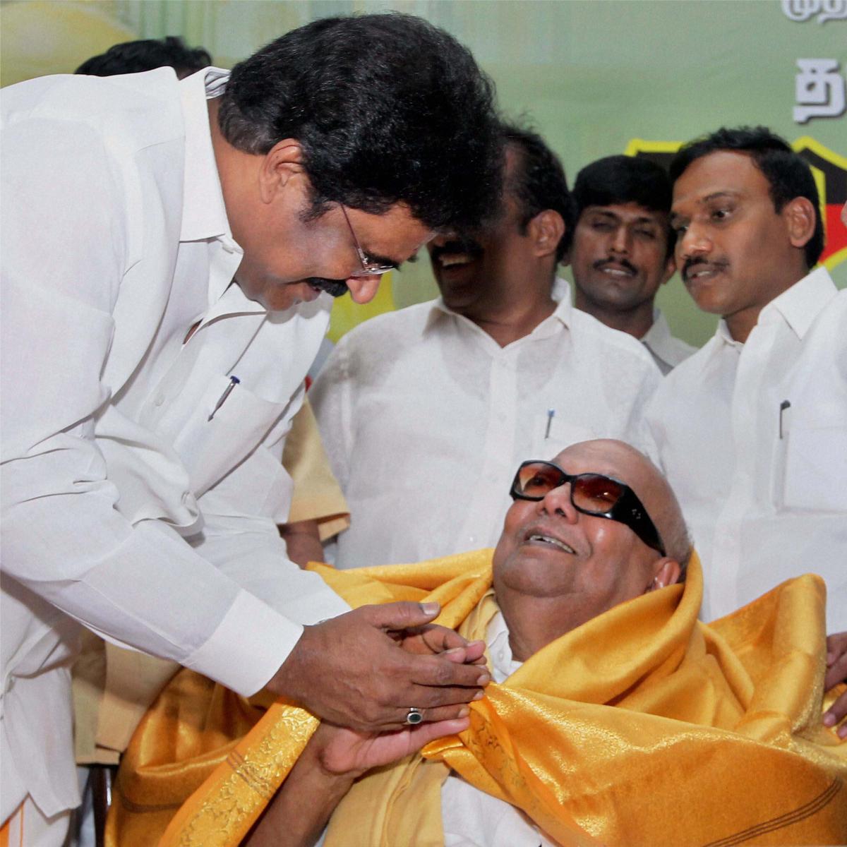 Thirunavukkarasar with M. Karunanidhi on his 90th birthday celebrations at DMK headquarters in Chennai on June 2013 Thirunavukkarasar with M. Karunanidhi on his 90th birthday celebrations at DMK headquarters in Chennai on June 2013
