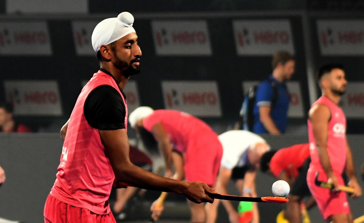 Indian hockey team player Mandeep Singh at a training session on the eve of the match against Wales during the FIH Men’s Hockey World Cup 2023 at the Kalinga Hockey stadium in Bhubaneswar on January 18, 2023.