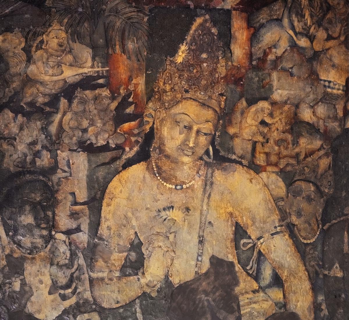 A mural of Bodhisattva Padmapani in Ajanta.