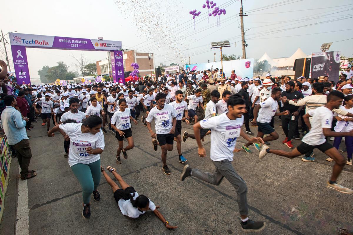 A large number of youth participating in the 5k marathon  organised to create awareness on drug abuse, helmet usage and cancer in Ongole on Sunday. 