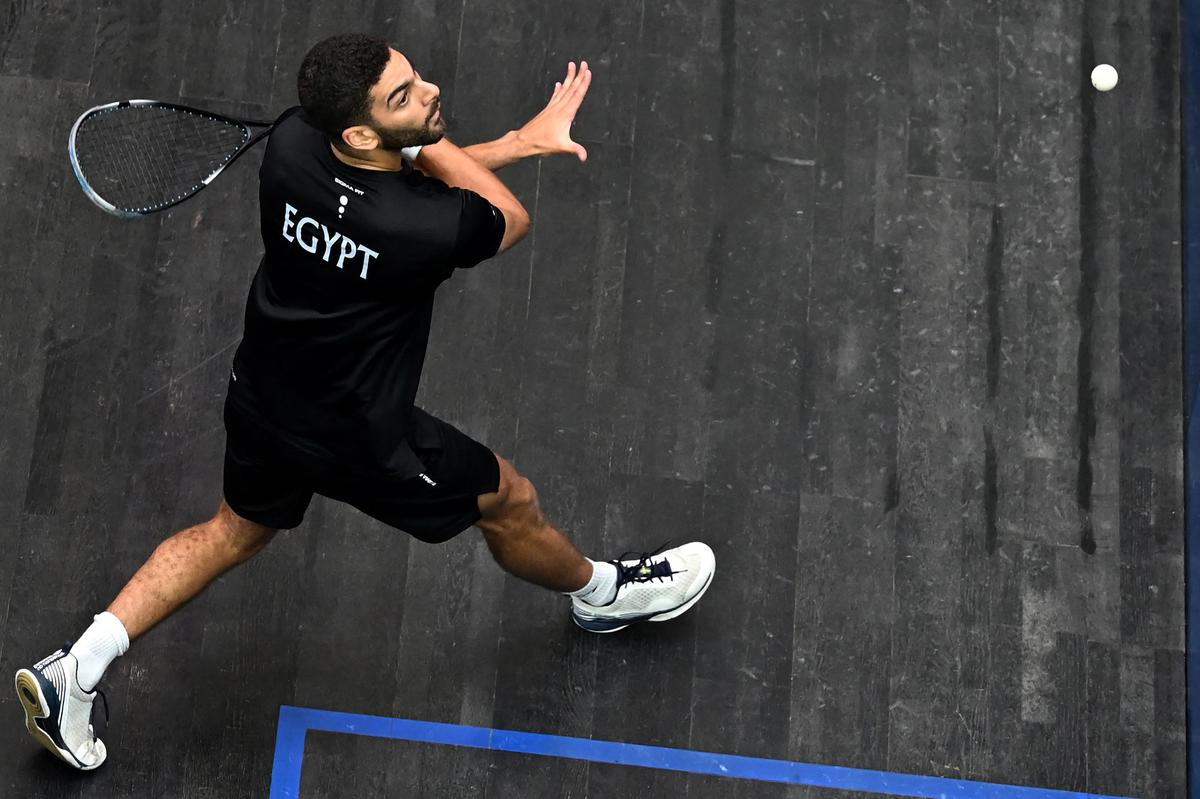 Egypt’s Aly Abou EI Einen plays against Malaysia’s Darren Pragasam during the finals of the SDAT WSF Squash World Cup held in Chennai on June 17, 2023. 