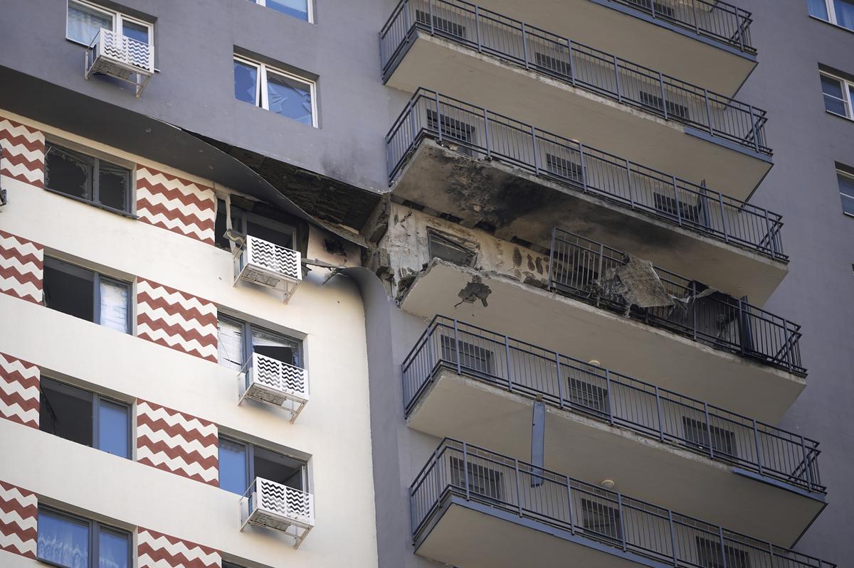 This photo shows an apartment building where the downed Ukrainian drone fell at an area in Sapronovo village outside Moscow, Russia on March 11, 2025.