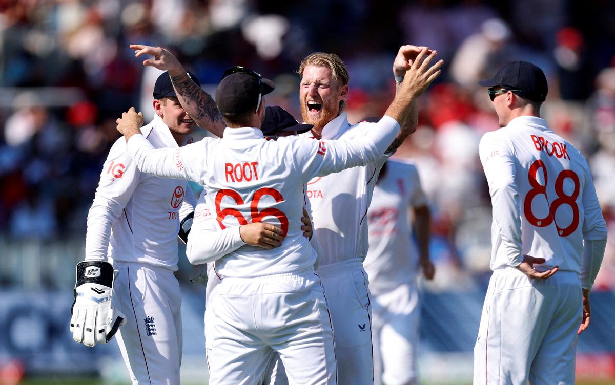 England’s Ben Stokes celebrates with teammates after taking the wicket of India’s Karun Nair, caught out by Joe Root on July 11, 2025