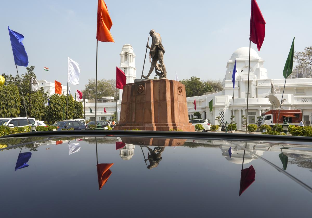 New Delhi: Mahatma Gandhi statue on the Delhi Legislative Assembly premises on the first day of the first session of the newly-constituted eighth Delhi Legislative Assembly, in New Delhi, Monday, Feb. 24, 2025. (PTI Photo/Manvender Vashist Lav)(PTI02_24_2025_000279B) New Delhi: Mahatma Gandhi statue on the Delhi Legislative Assembly premises on the first day of the first session of the newly-constituted eighth Delhi Legislative Assembly, in New Delhi, Monday, Feb. 24, 2025. (PTI Photo/Manvender Vashist Lav)(PTI02_24_2025_000279B)