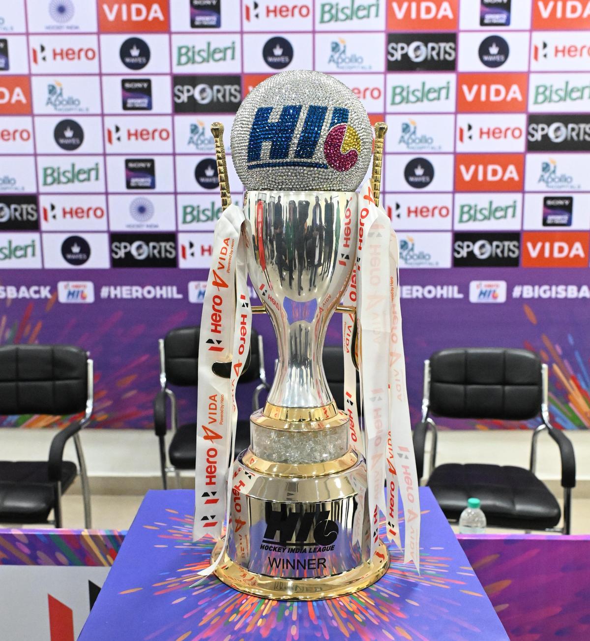 The Hockey India League trophy on display ahead of the league start on Friday, January 2, 2026.