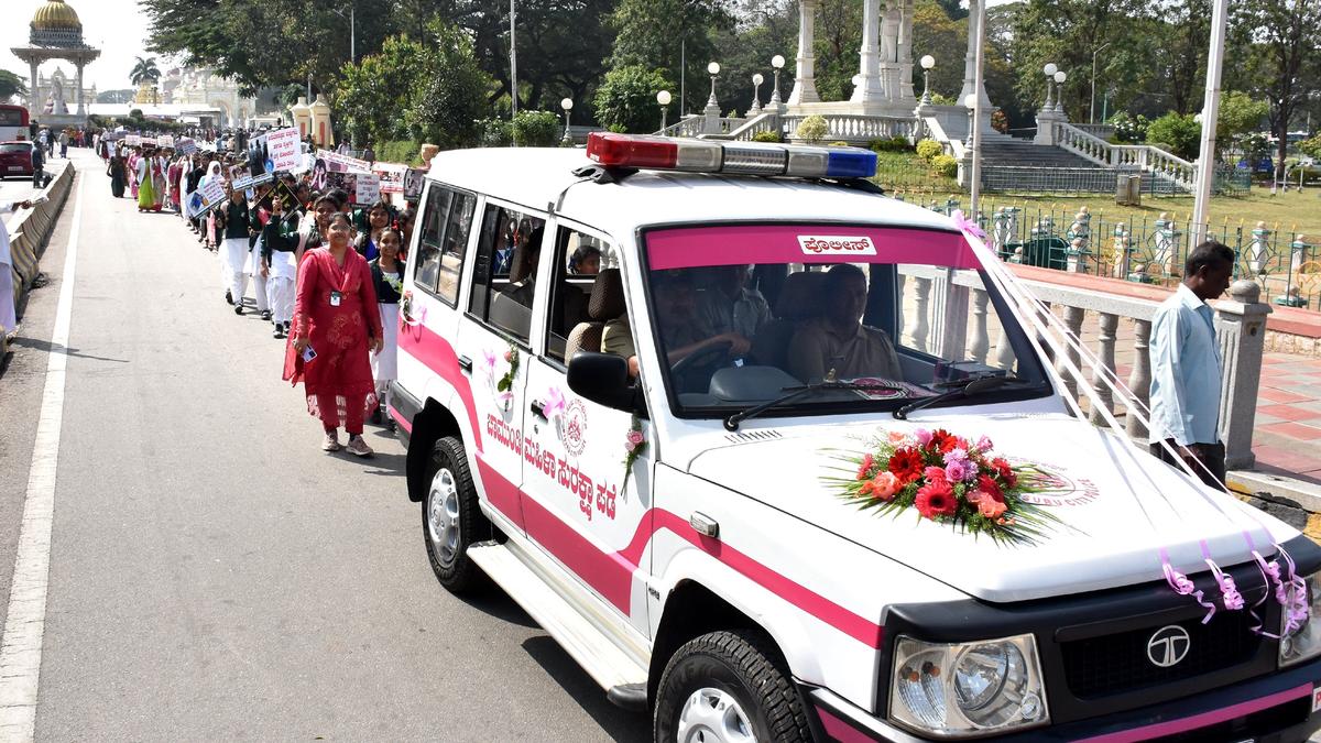 Mysuru City Police flags off two pink patrol vehicles during the launch of Chamundi Women’s Safety Squad