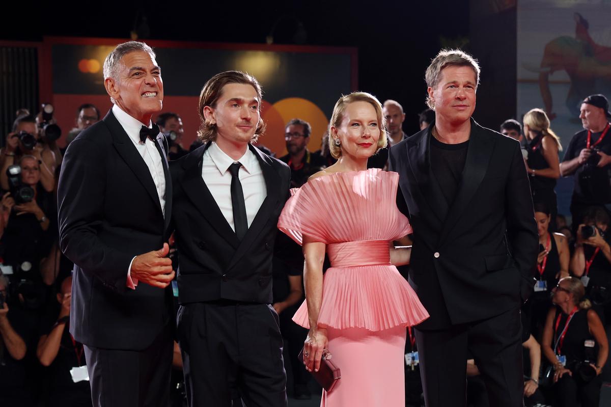 George Clooney, Austin Abrams, Amy Ryan and Brad Pitt attend the ‘Wolfs’ red carpet during the 81st Venice International Film Festival on September 01, 2024 in Venice, Italy