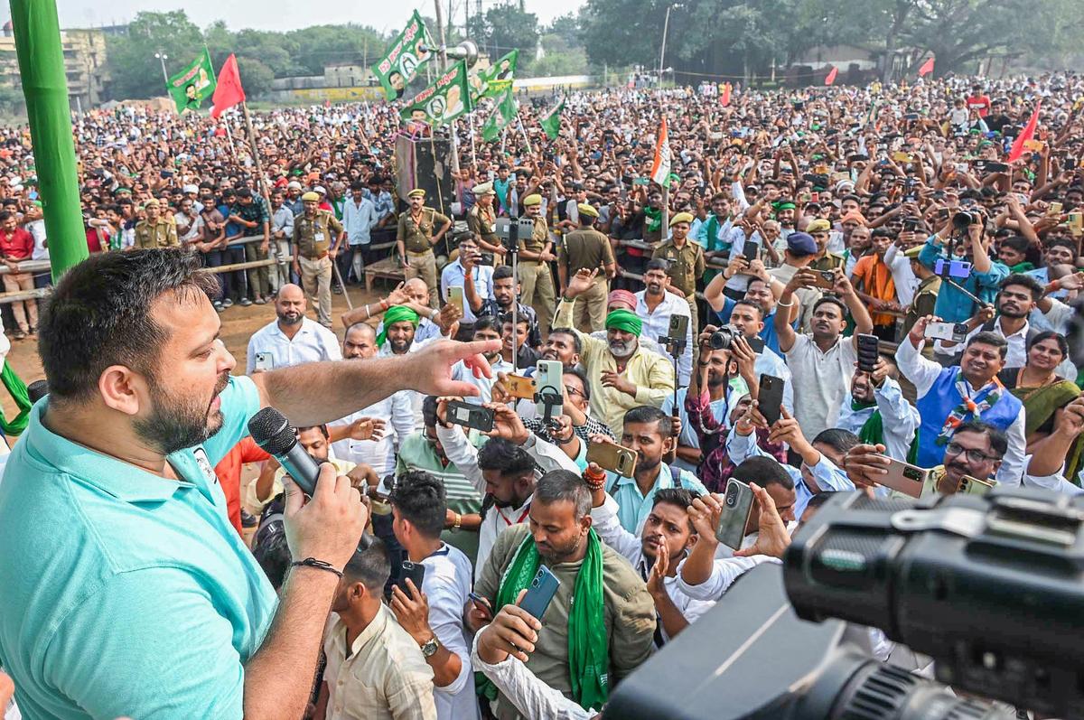 Bihar Leader of Opposition Tejashwi Yadav speaks during an election rally for the Bihar Assembly election, in Patna on Monday. Bihar Leader of Opposition Tejashwi Yadav speaks during an election rally for the Bihar Assembly election, in Patna on Monday.