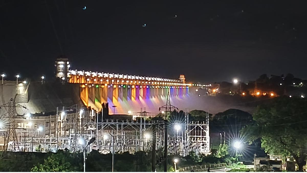 A view of the excess water being discharged from Tungabhadra reservoir on August 1, 2024. 