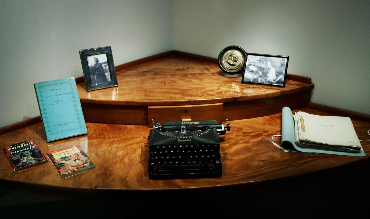 Ian Fleming’s original desk from where he wrote many of the James Bond 007 books, on display at an exhibition at the Imperial War Museum, London.