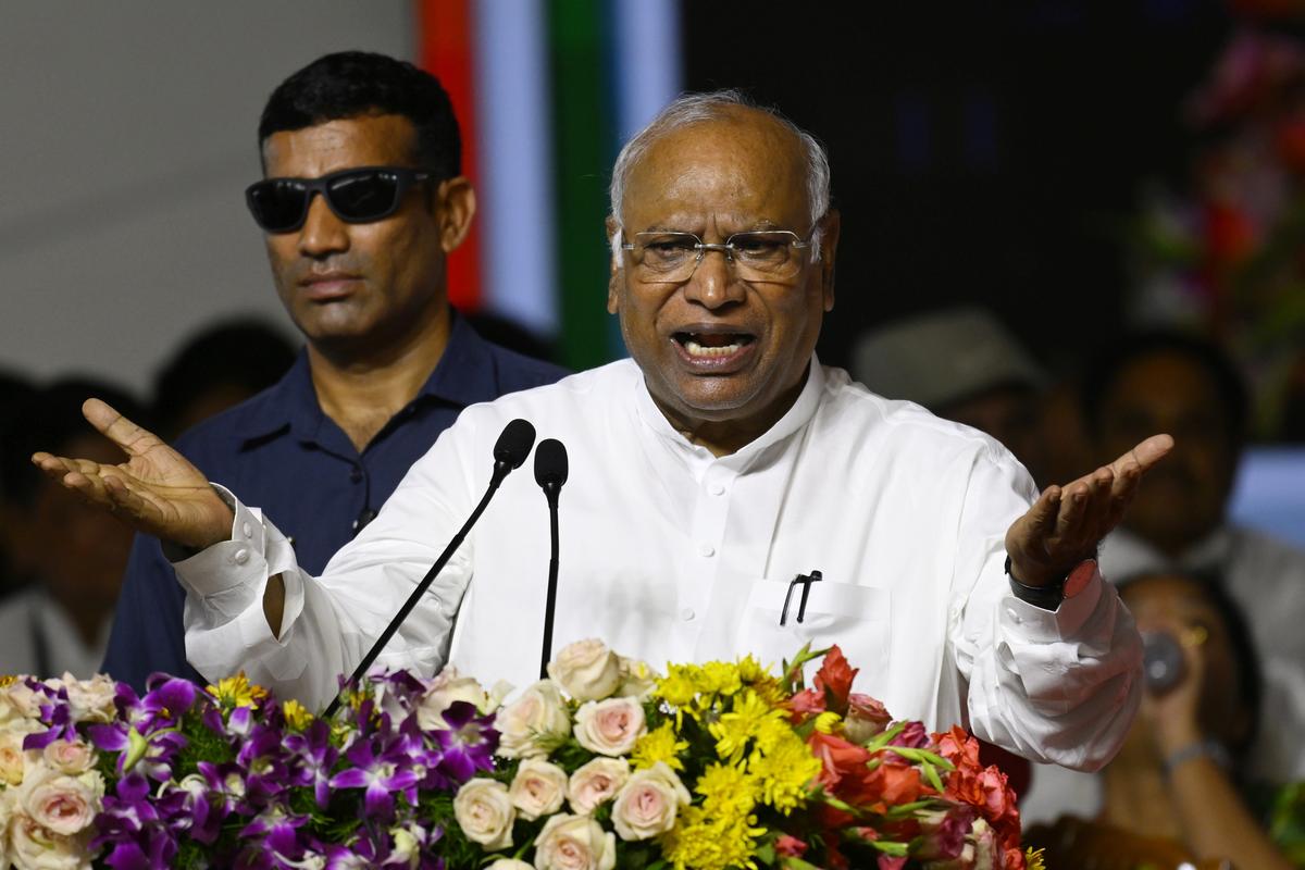 All India Congress Committee president Mallikarjun Kharge addressing village president and active Congress workers meeting at the LB Stadium in Hyderabad on Friday (July 04, 2025). All India Congress Committee president Mallikarjun Kharge addressing village president and active Congress workers meeting at the LB Stadium in Hyderabad on Friday (July 04, 2025).