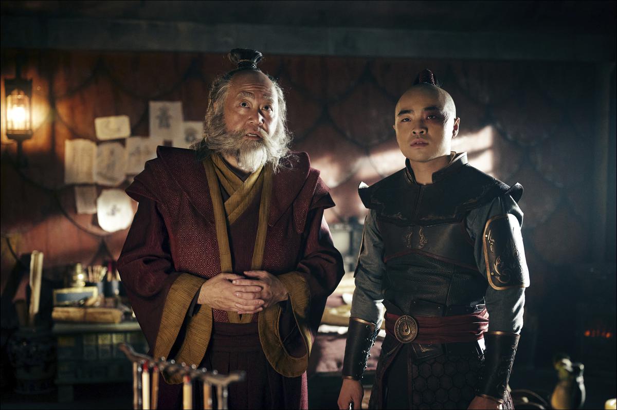 Paul Sun-Hyung Lee, left, and Dallas Liu in a scene from the series ‘Avatar: The Last Airbender’