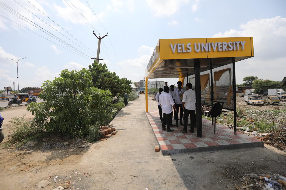 At Vels bus stop on 200-feet Radial Road in Pallavaram