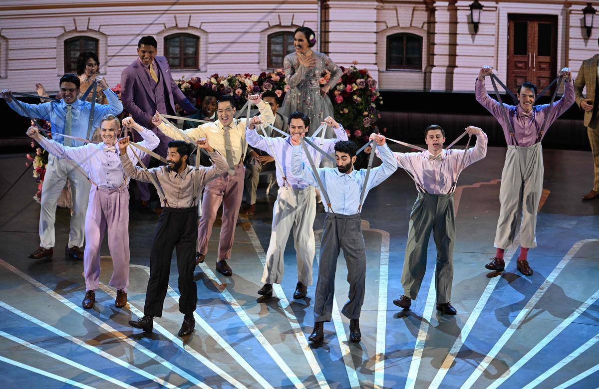 Dancers perform ‘Naatu Naatu’ from ‘RRR’ on stage during the 95th Annual Academy Awards at Dolby Theatre in Hollywood. The use of suspenders in the costumes of ‘RRR’ was the idea of choreographer Prem Rakshith