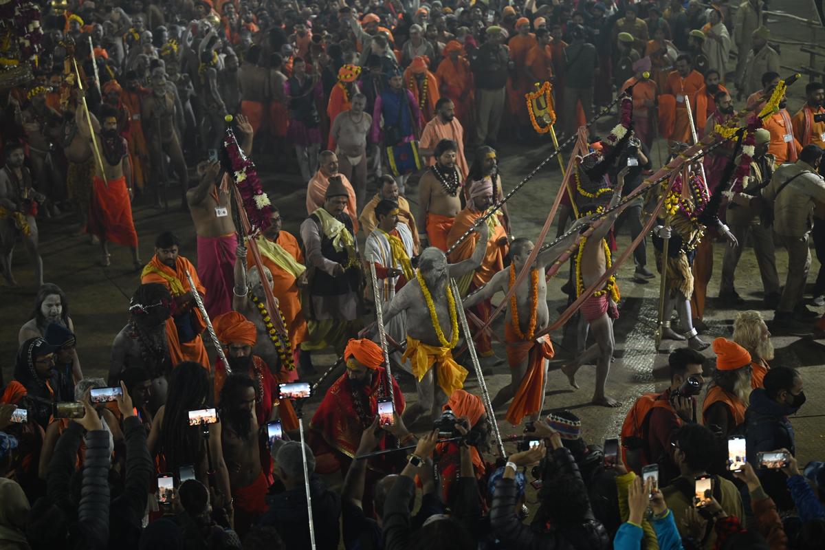 Naga sadhus on the way to Triveni Sangam to take holy dip Amrit Snan on Basant Panchami during Maha Kumbh, in Prayagraj on February 3, 2025.