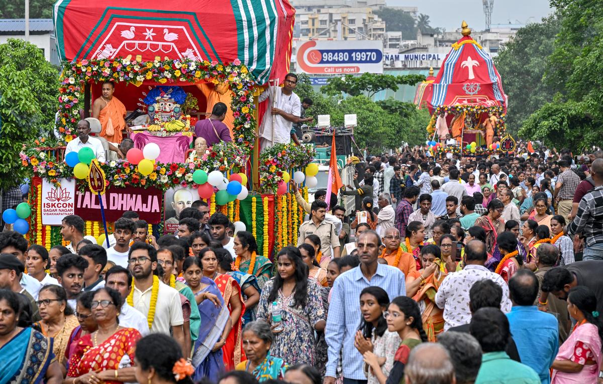 Huge devotee rush during the Jagannath Rath Yatra organised by ISKCON near Central Park in Visakhapatnam on Friday. Huge devotee rush during the Jagannath Rath Yatra organised by ISKCON near Central Park in Visakhapatnam on Friday.