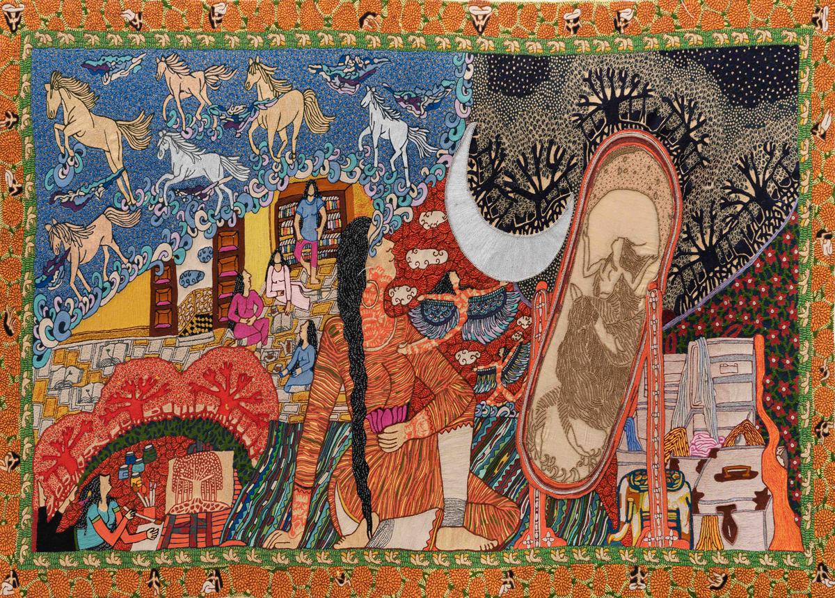 Embroidery Sacred and Secular on display at Cut From The Same Cloth exhibition by Seema Kohli at Bikaner House 