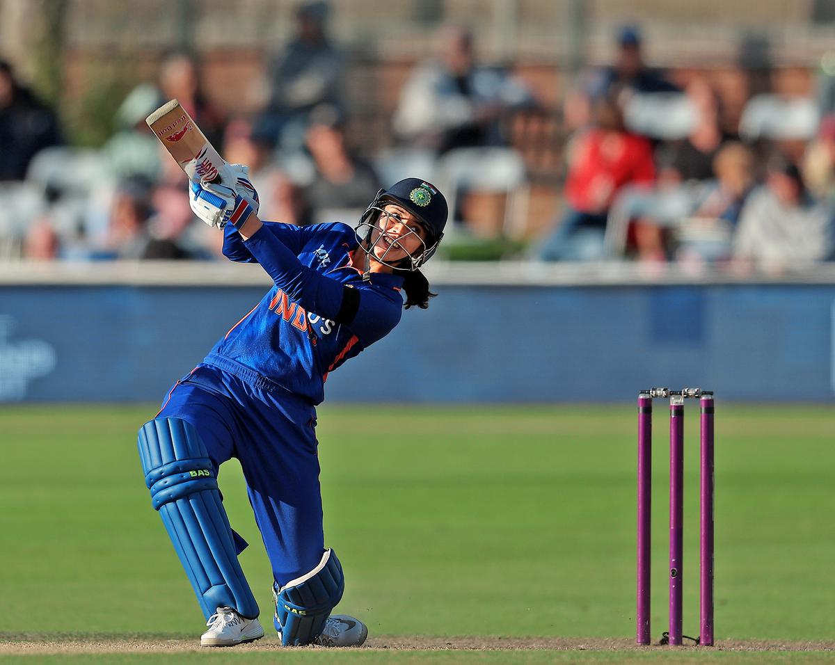 Smriti Mandhana of India in action during the 1st Royal London ODI match between England and India at The 1st Central County Ground on September 18, 2022 in Hove, England. 