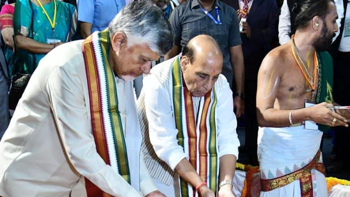 Rajnath Singh, A.P. CM lay foundation stone for ₹15,000-crore AMCA defence hub in Puttaparthi