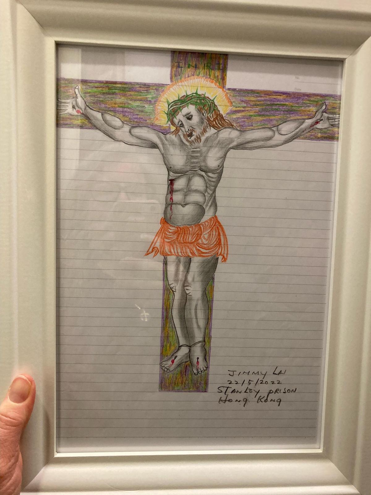In this photo provided by Robert Sirico, a drawing of the crucifixion by Jimmy Lai is seen in Michigan in the United States, June 23, 2022. Photo credits: Robert Sirico via AP In this photo provided by Robert Sirico, a drawing of the crucifixion by Jimmy Lai is seen in Michigan in the United States, June 23, 2022. Photo credits: Robert Sirico via AP