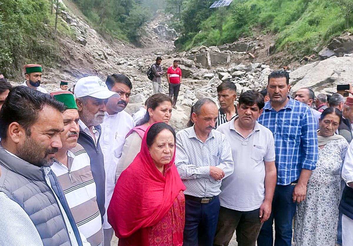 Himachal Pradesh Congress president Pratibha Singh visits areas affected by disaster following heavy downpour, at Karsog in Mandi on July 6, 2025. Photo: H.P. Congress committee via ANI