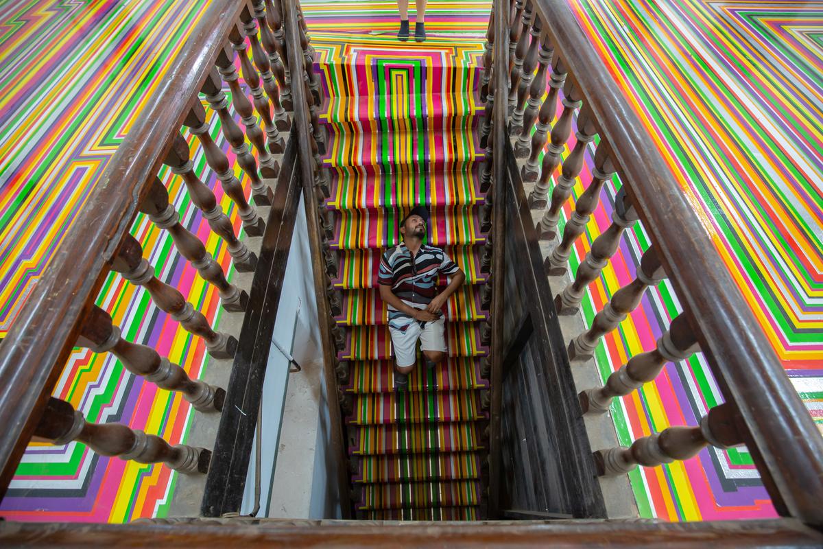 A stairwell with Scottish artist Jim Lambie’s artwork Zobop (2022) A stairwell with Scottish artist Jim Lambie’s artwork Zobop (2022)