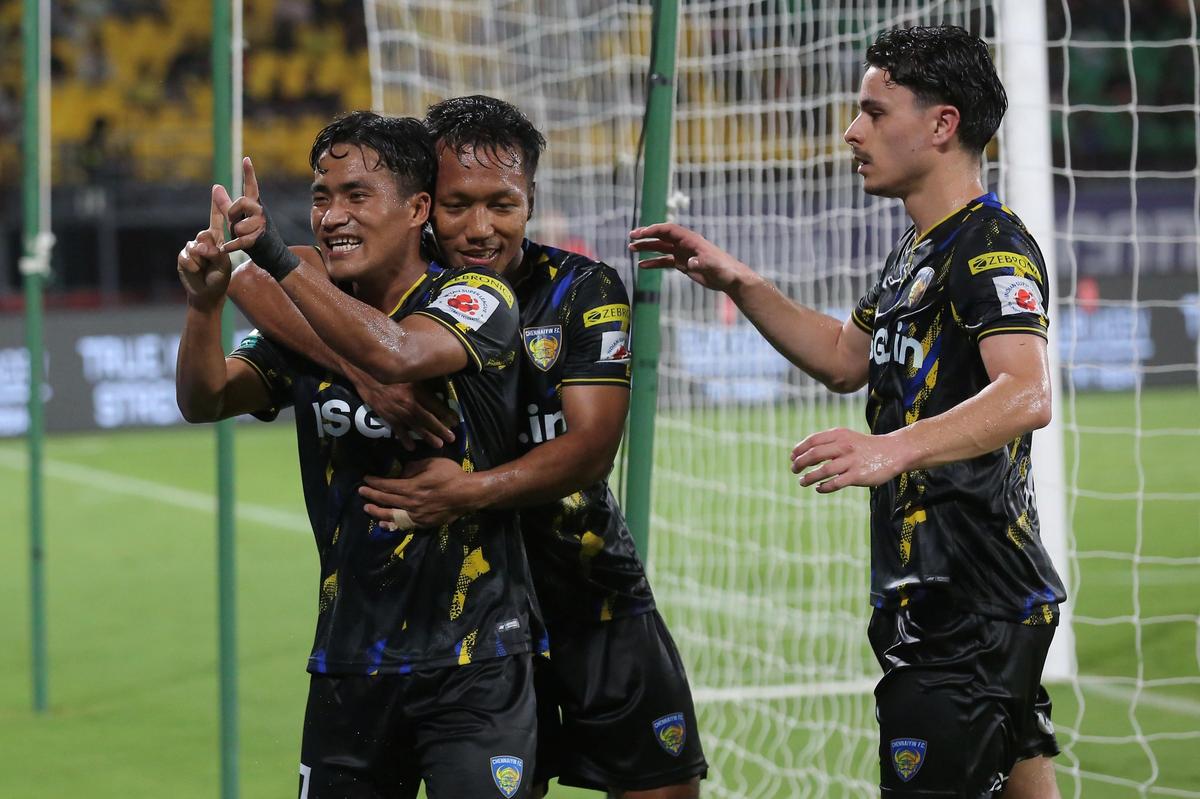 Imran Khan of Chennaiyin FC celebrates after scoring against Kerala Blasters FC in the Indian Super League football match at Kochi on Saturday, March 7, 2026.