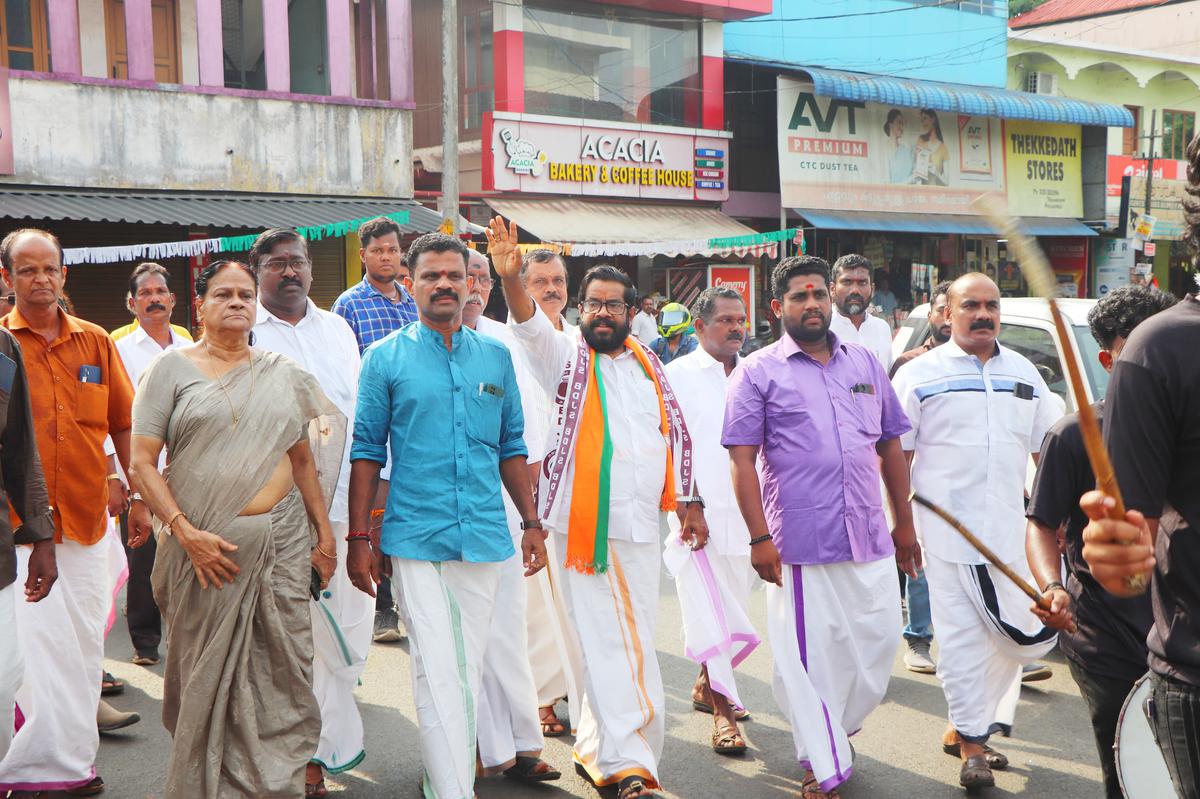 NDA candidate K.A. Unnikrishnan campaigning at Thiruvaniyoor.