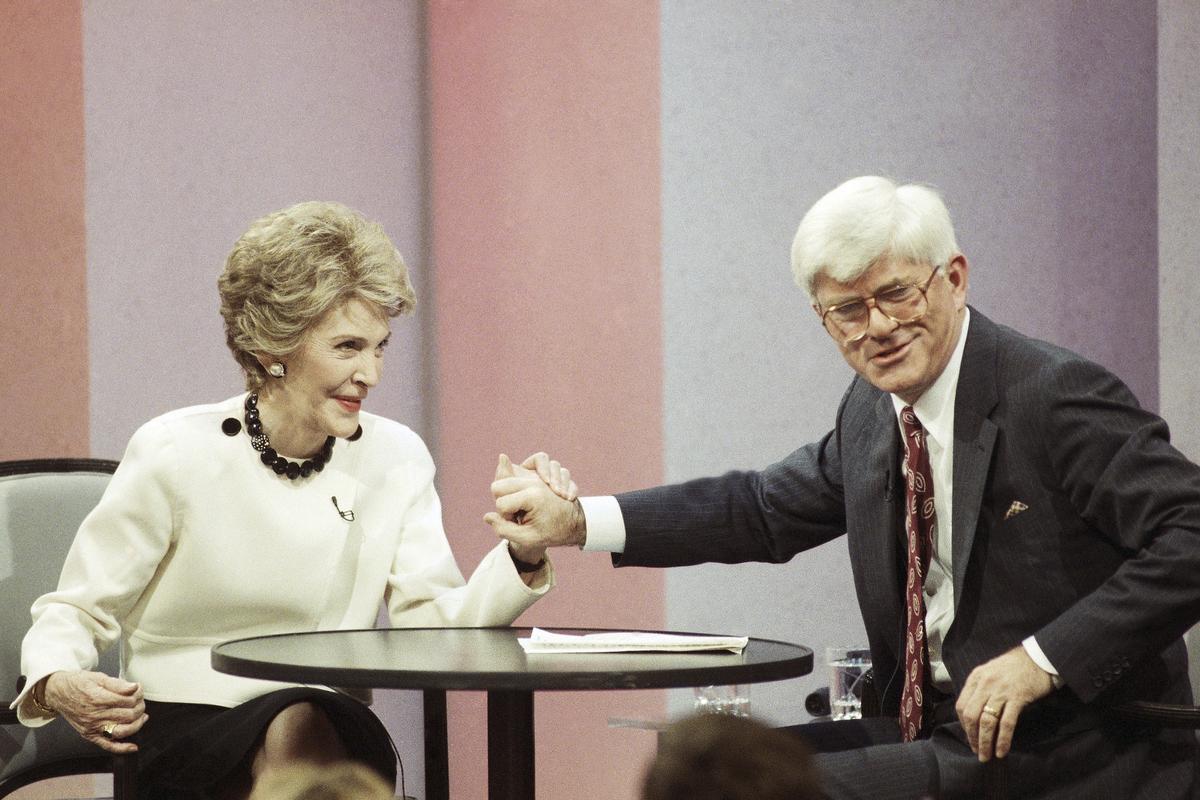 Talk show host Phil Donahue appears with former first lady Nancy Reagan during taping of his show to promote her book “My Turn” on Nov. 6, 1989, in Burbank.