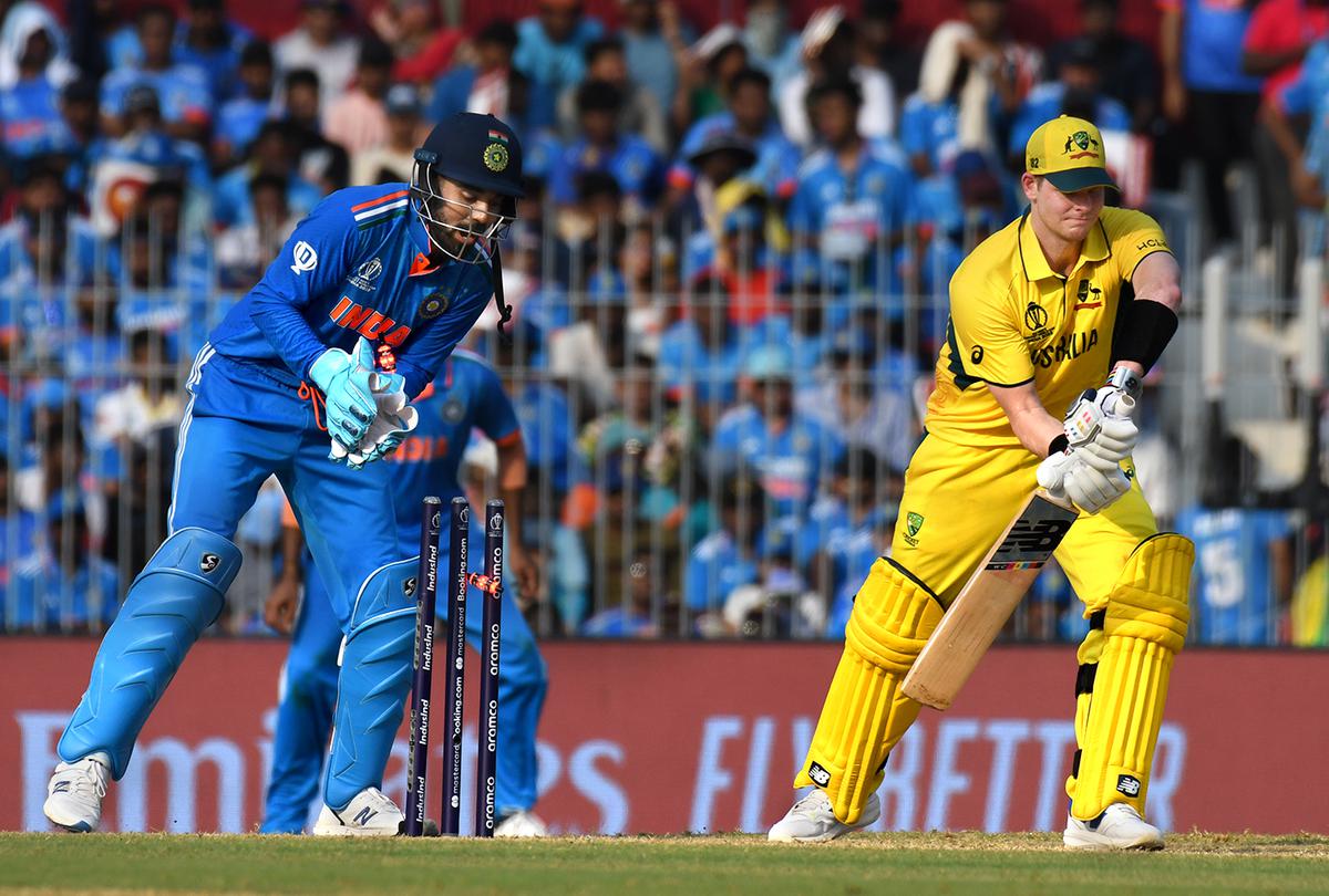 Australia’s Steve Smith bowled by India’s Ravindra Jadeja during the ICC Men’s Cricket World Cup 2023 match between India and Australia at M.A. Chidambaram Stadium.
