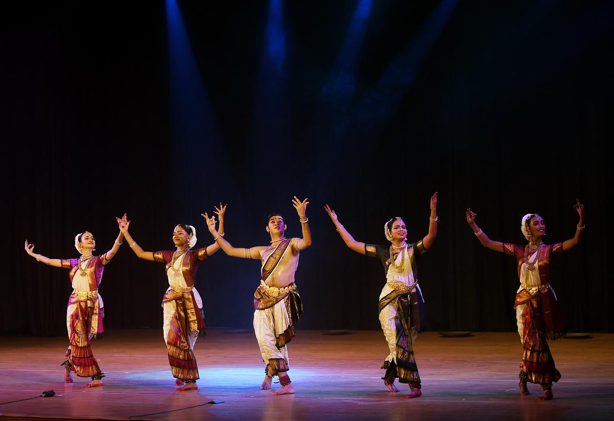 Students from Mosalikanti’s School of Kuchipudi, Shivamohanam performing during the Margazhi dance festival hosted byThe Music Academy, in Chennai, in January 2023.  