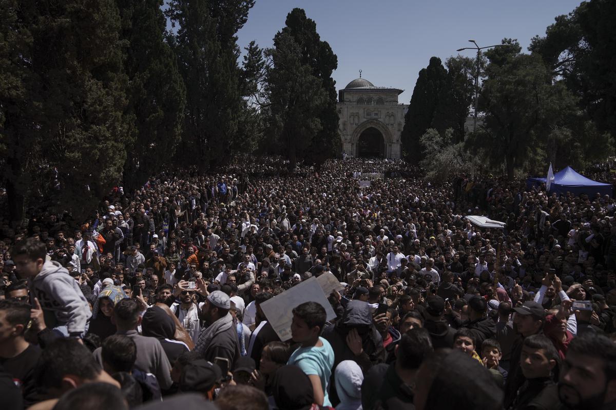 Palestinians gather for a protest against Israel after midday prayers at the Al-Aqsa Mosque compound in the Old City of Jerusalem, during the Muslim holy month of Ramadan, Friday, April 14, 2023. 