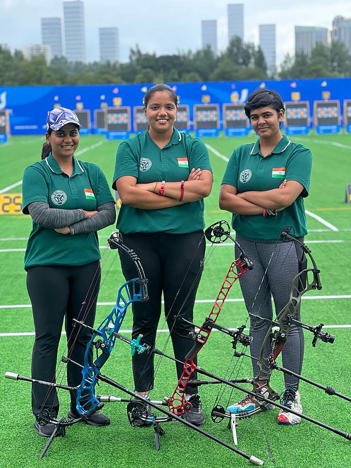 Archers  Purvasha Shende, Pragati and  Avneet Kaur who won the women’s team silver at World University Games, in Chengdu, Sunday, July 30, 2023. 