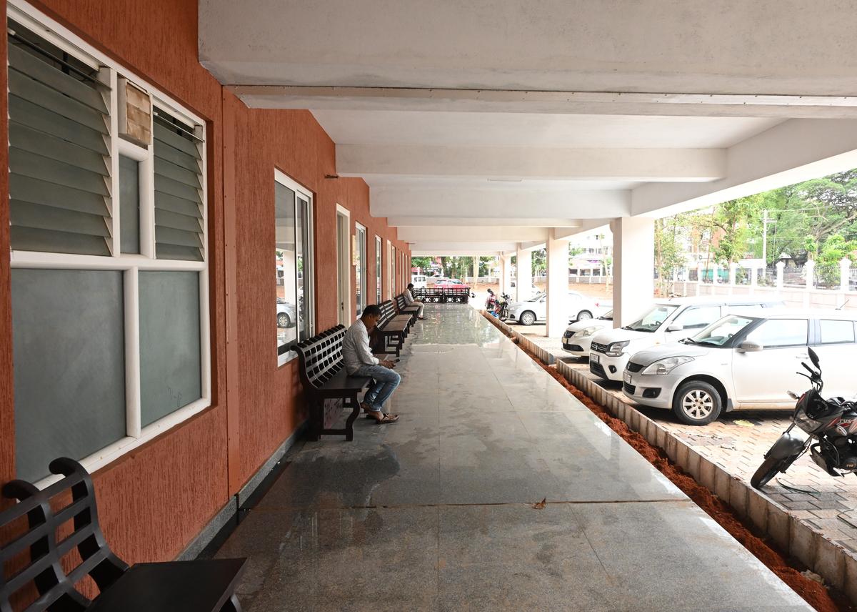 A portion of the ceiling of Praja Soudha leaking following heavy rains in Mangaluru on Monday.