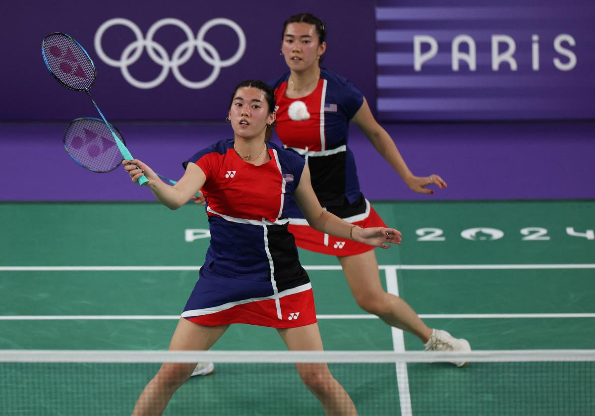 Team United States Annie Xu and Kerry Xu in action during the Group B match against Bulgaria.