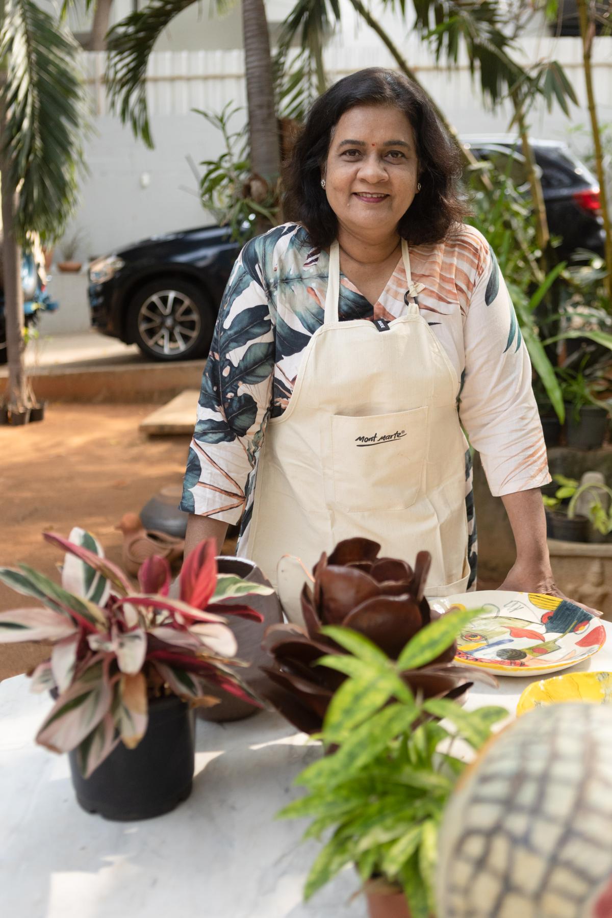 Vilasini with a few of her works at her Banjara Hills home