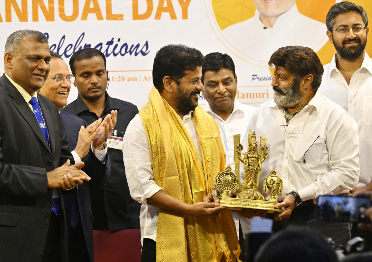 Chief Minister Revanth Reddy being felicitated by chairman of Basavatarakam Indo American Cancer Hospital and Research Institute on its 24th Foundation Day in Hyderabad on Saturday.