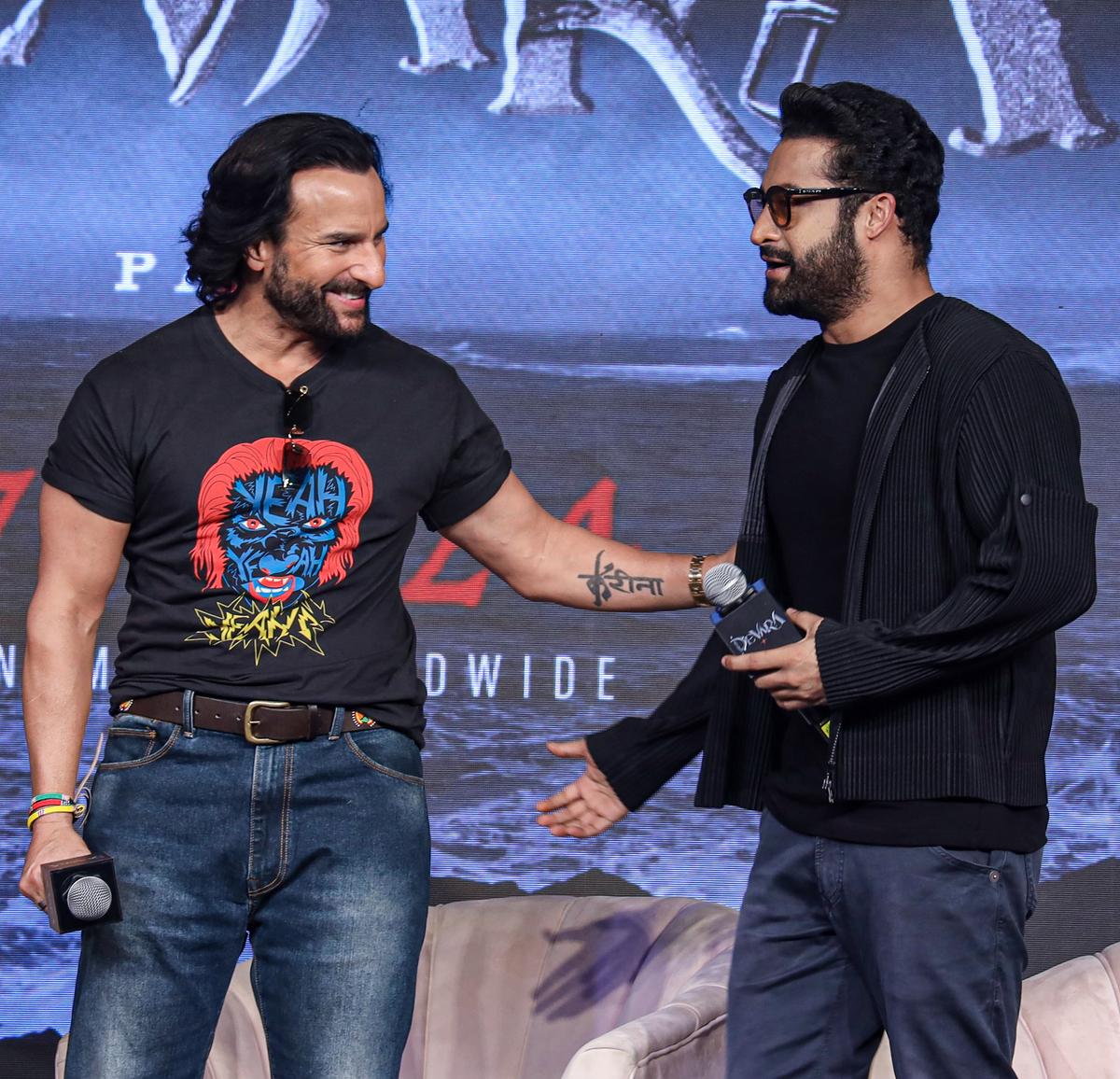 Actors Jr NTR and Saif Ali Khan during the trailer launch of their upcoming movie ‘Devara: Part 1’