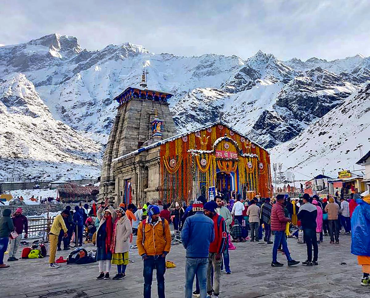 Devotees during their pilgrimage at the Kedarnath Temple, in Rudraprayag district on April 28, 2023.