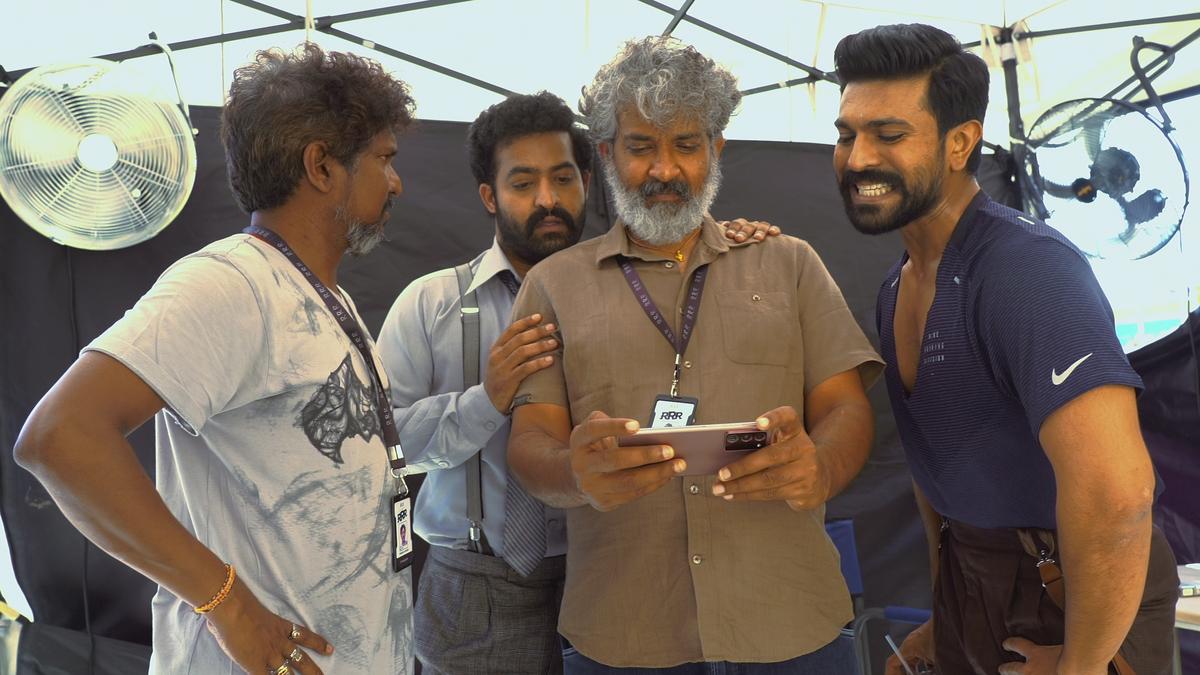 Choreographer Prem Rakshit, NTR Jr, Rajamouli and Ram Charan on the sets of ‘RRR’