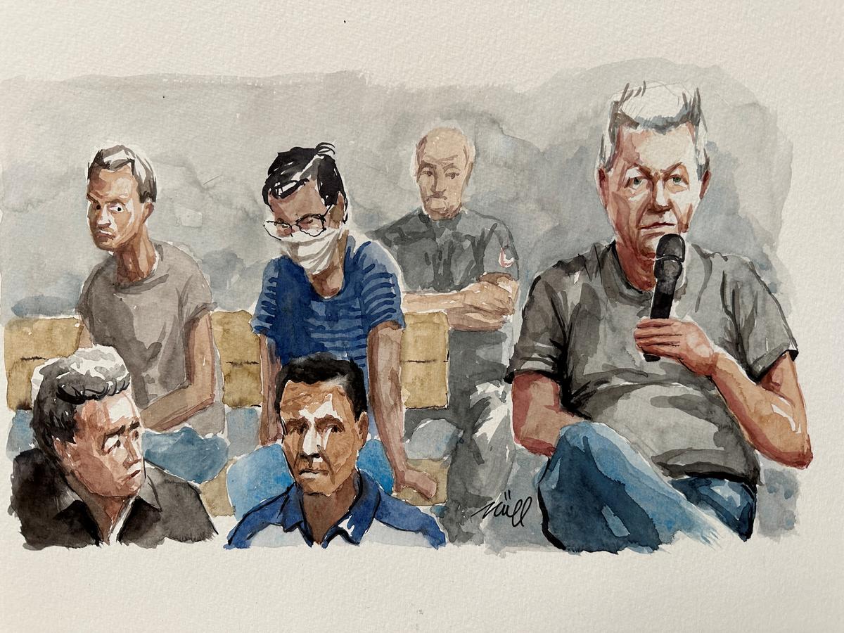 Dominique Pelicot, who has allegedly drugged and raped his wife, appears during his trial with 50 co-accused at the courthouse in Avignon, France, September 17, 2024, in this courtroom sketch.