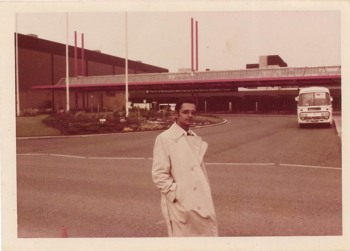Abhijit Ghose outside the National Exhibition Centre in Birmingham in 1980.