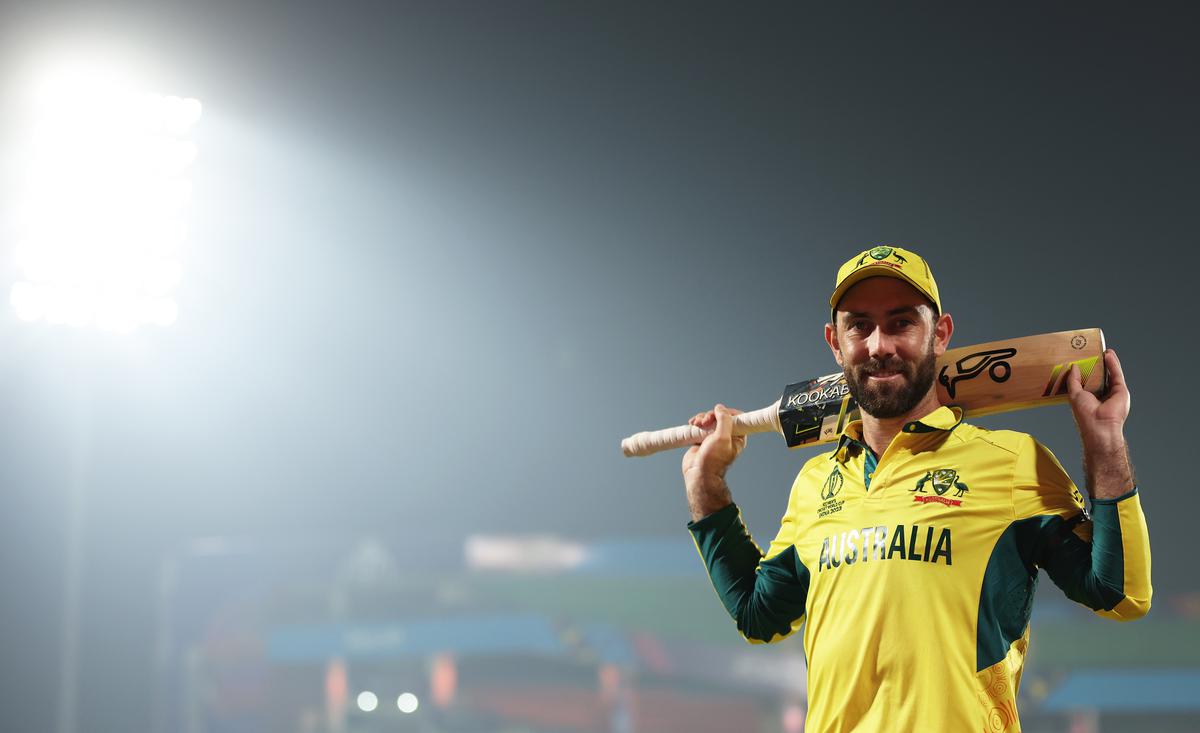 Glenn Maxwell of Australia poses for a photo following his 106, the fastest hundred in World Cup history following the ICC Men’s Cricket World Cup India 2023 between Australia and Netherlands at Arun Jaitley Stadium on October 25, 2023 in Delhi, India. 