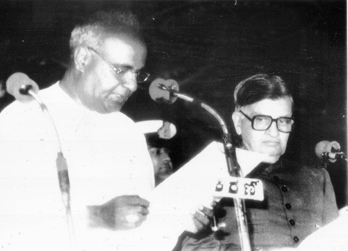 H.D. Deve Gowda being sworn in as Chief Minister of Karnataka in 1994. H.D. Deve Gowda being sworn in as Chief Minister of Karnataka in 1994.